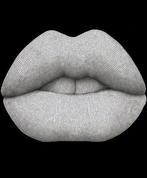 Black and white lip art made from text fragments by Frank Heinz