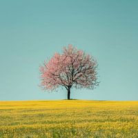 Minimalist pink tree in landscape