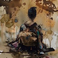 Geisha portret in aquarel – schilderij met verfspetters