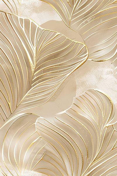 Close up of leaves with gold borders and beige colours by Digitale Schilderijen