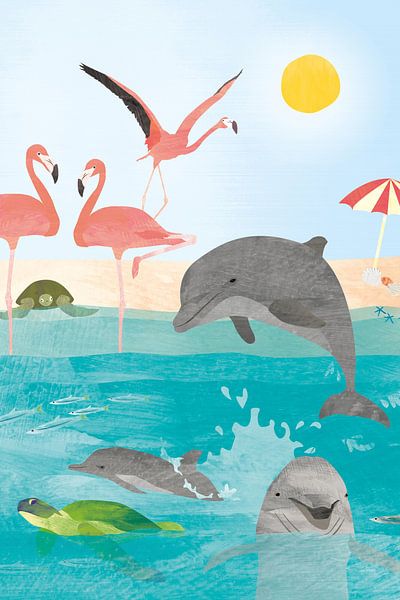 Flamants roses et dauphins au soleil par Karin van der Vegt