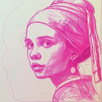 Dessin à la plume d'une fille avec une perle à l'encre rose