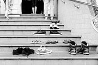 Shoes at temple black and white