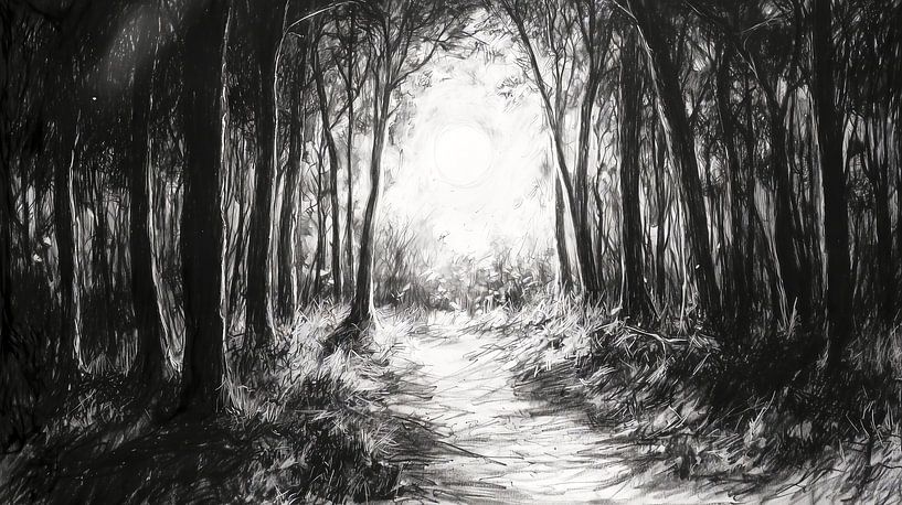 Path through gloomy forest to the clearing by Frank Heinz