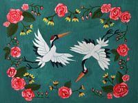 Tanzende Kraniche mit Rose Kelim