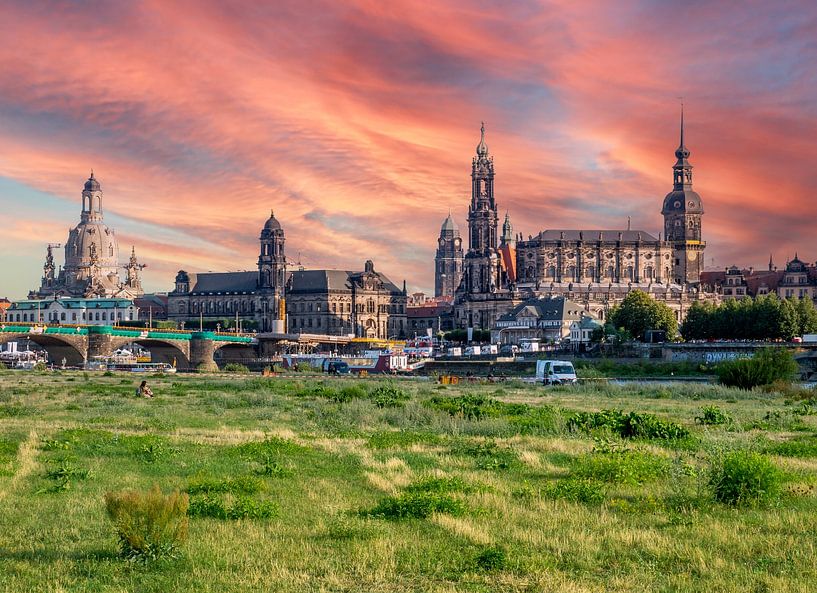 Blick auf die Skyline von Dresden in Sachsen mit der Elbe und der Frauenkirche im Hintergrund von Animaflora PicsStock