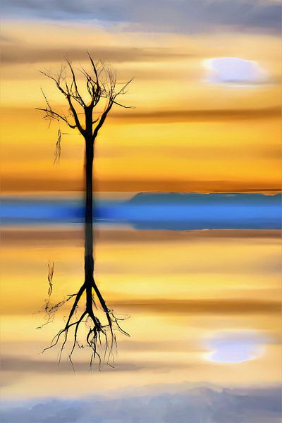 Digitales Aquarell Baumsilhouette Reflexion bei Sonnenuntergang von Maud De Vries