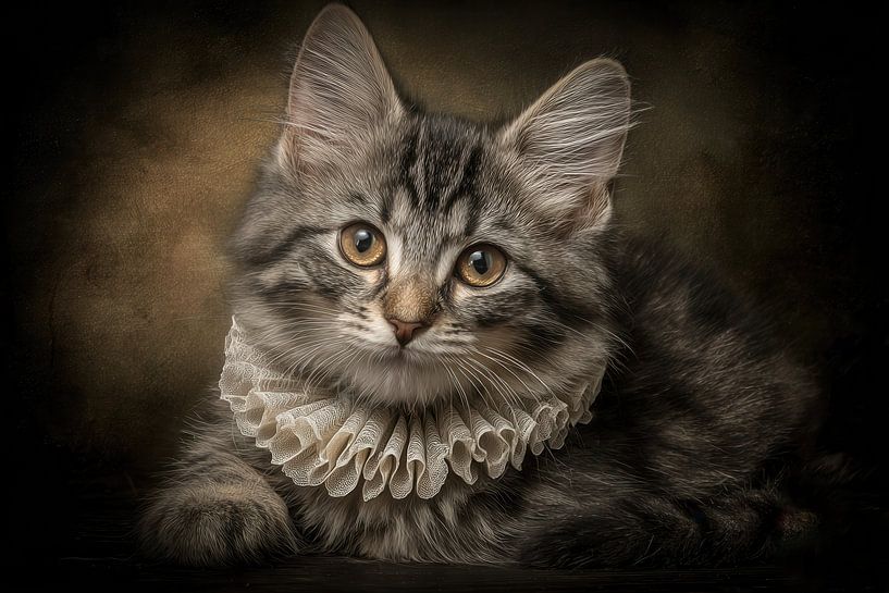 Porträt einer Katze mit Spitzenhalsband - Stil der alten Meister von Joriali Fotografie und Gemälde