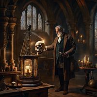 Vuist met schedel in de hand