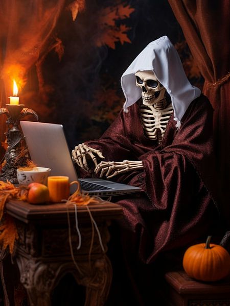 surreal Halloween skeleton monk cowl laptop candlelight pumpkin by gm_designs