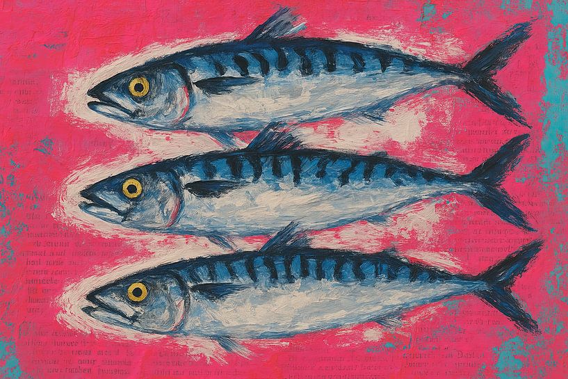 Three mackerels on pink (AI)(fishing, old newspaper, colourful, kitchen, striking, painting, fresh) by Natalie Bruns