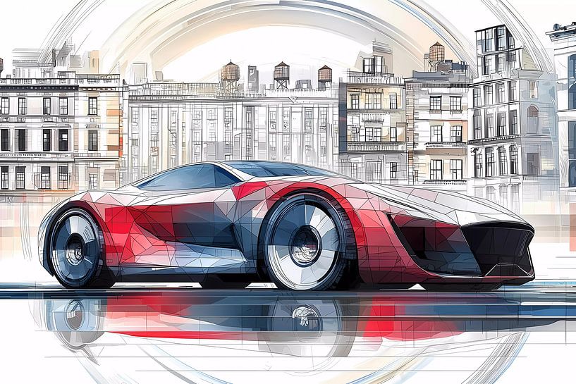 Ein zukünftiges Auto auf einer Stadtstraße mit Bäumen eines Boulevards. von Ariadna de Raadt-Goldberg