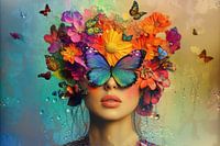 Portrait Frau mit Blumen und Schmetterlingen