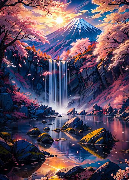 Sakura Cherry Blossom With Mount Fuji In The Background by Ruzerin