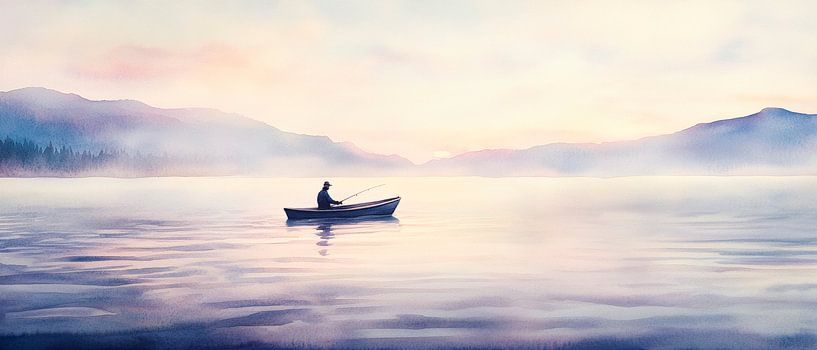 Einsame Bootsfahrt am Morgen von Poster Art Shop