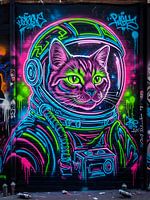 Cosmic Neon Cat Astronaut Graffiti Mural Adorning a Dark Brick
