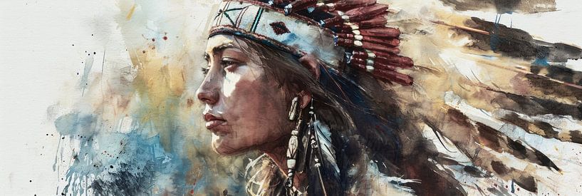 Boho style Indian woman watercolour panorama by Digitale Schilderijen