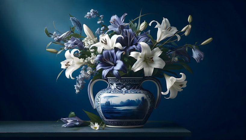 Vase Delft bleu avec fleurs luxueuses par Sanne den Engelsman