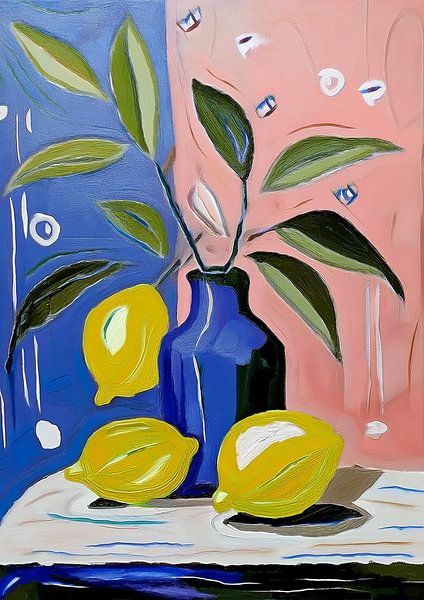 Modern still life Lemon cobalt blue vase by Lianne Louise