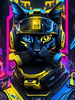 Soldier cat, neon, yellow-blue