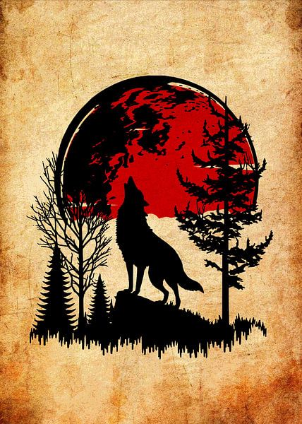 Wolf Howling at Red Moon by Pus Meong Art