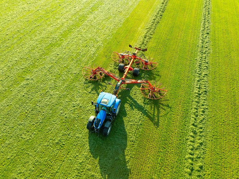 Tracteur tirant un râteau rotatif pour ramasser le foin par Sjoerd van der Wal Photographie