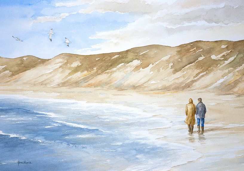 Zwei Personen, die am niederländischen Nordseestrand und in den Dünen spazieren gehen.  - Aquarell - Hans Sturris von Galerie Ringoot