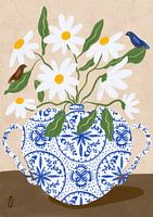 White Flowers in a Vase with Birds Illustration