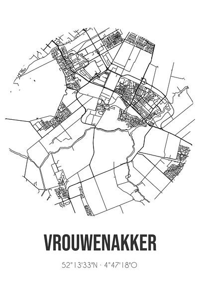 Vrouwenakker (South-Holland) | Carte | Noir et blanc par Affiches de lieux