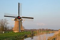 De oudkerkerkermolen in het avondlicht, met Aldtsjerk op de achtergrond