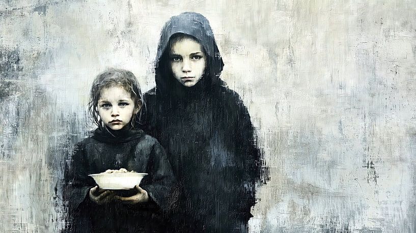 Two children in poverty with an empty bowl by Frank Heinz