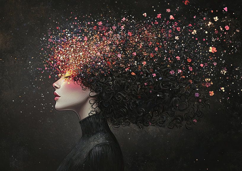 Femme et fleurs | Femme avec fleurs colorées par Caprices d'Art