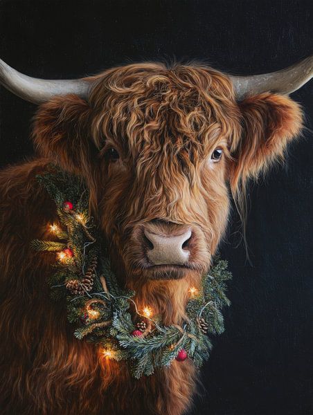 Schottischer Highlander mit Weihnachtskranz und warmen Lichtern vor dunklem Hintergrund von But First Framing