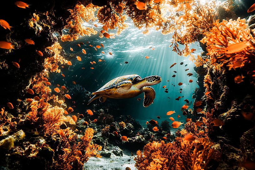 Turtle in colourful reef by Art & Soul Creations