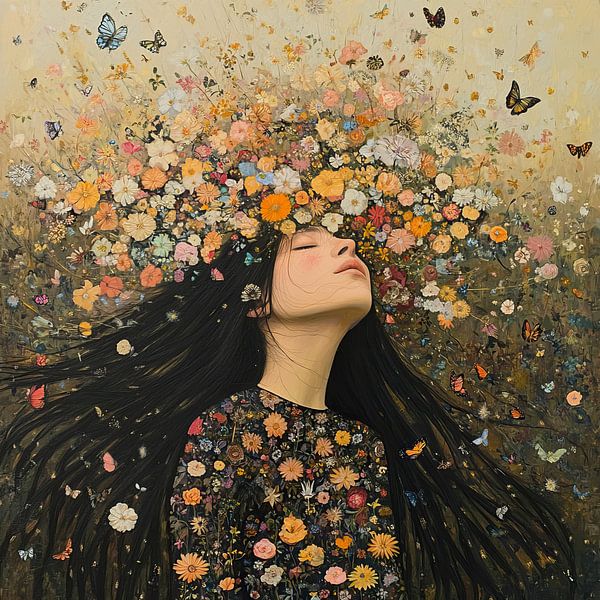 Geschlossene Augen Blumen Schmetterlinge von Blickfänger Gemälde