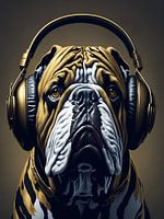 Englische Bulldogge mit Kopfhörern