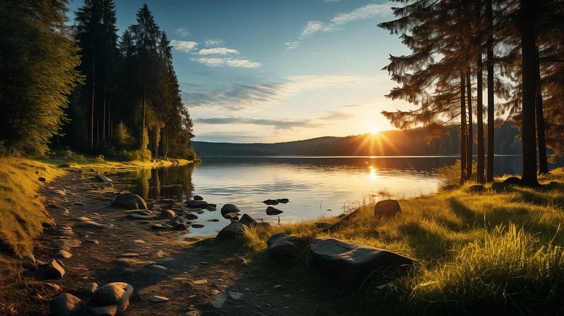 Sunset over the river in the forest landscape by Animaflora PicsStock