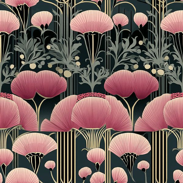 Art Deco Pink Flowers | Wall Wallpaper by Karina Brouwer