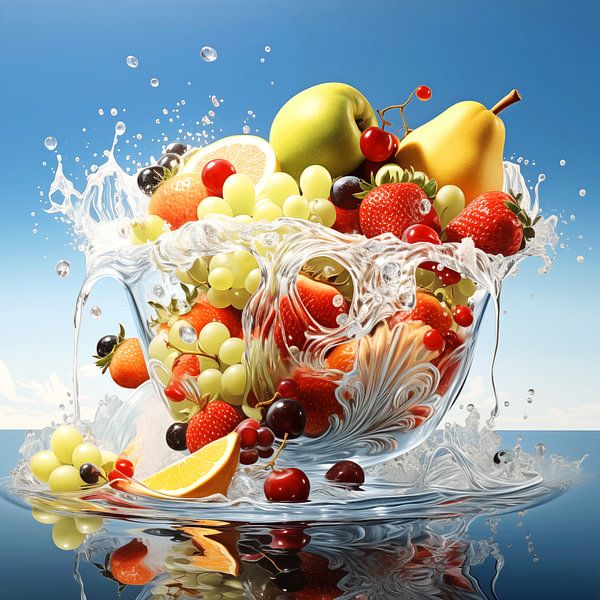 Frisches Obst in einer Schale mit Wasser von Schwarzer Kaffee