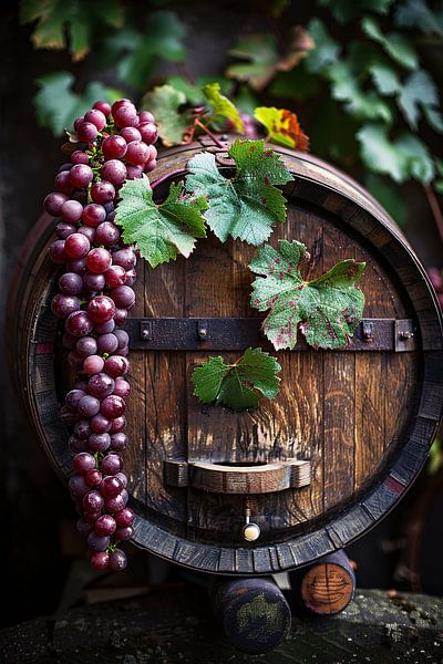 Trauben und Holzfässer im Weinberg von Art & Soul Creations