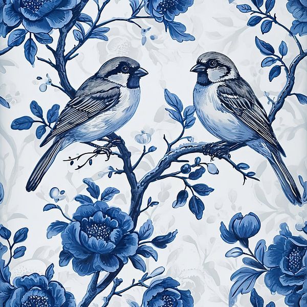 Zwei Spatzen auf einem blauen Zweig von Vlindertuin-Art