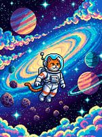 Adorable pixel cat astronaut floats through a vibrant, star-filled cosmic galaxy.