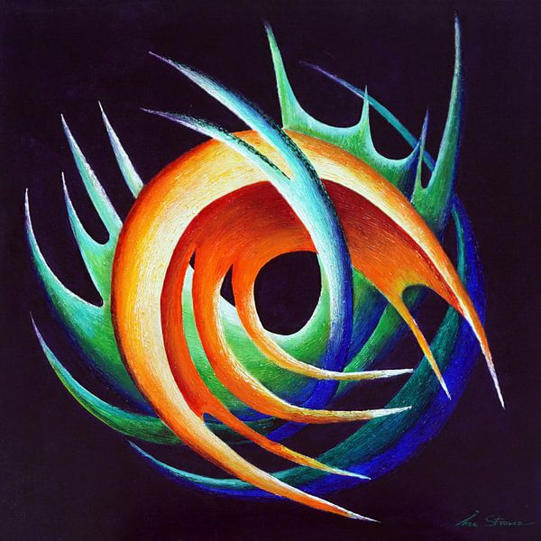 Dynamische sculptuur in zwart, blauw, groen, oranje en geel von Ine Straver