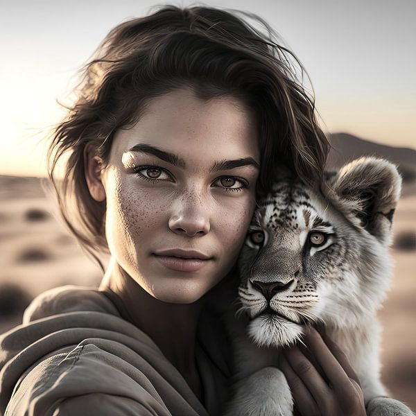 Young woman with lion cub, tenderly united by Frank Heinz
