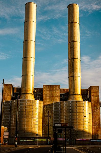 Golden-Hour Power Plant – Twin Stacks &amp; Modern Facade | Industrial Cityscape Wall Art by Brave Toaster Photography
