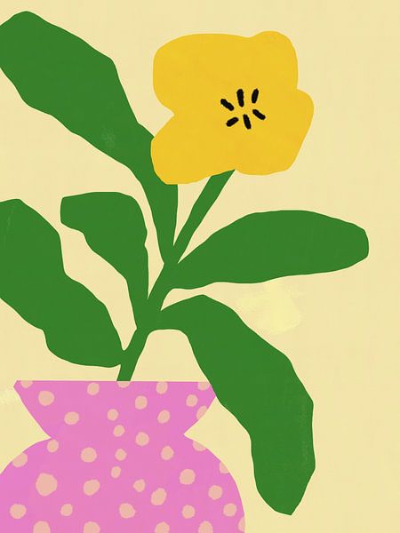 Yellow Flower With Green Leaves In A Pink Vase by Little Dean