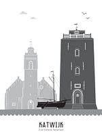 Skyline-Illustration der Stadt Katwijk schwarz-weiß-grau