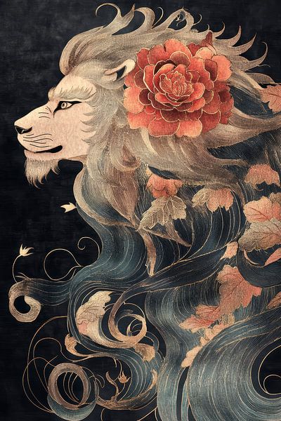 Leeuwenkop met rode bloem en sierlijke manen van Digitale Schilderijen