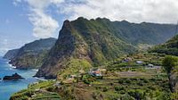 Steile grün bewachsene Berge an der Nordküste von Madeira mit malerisch gelegenen Häusern