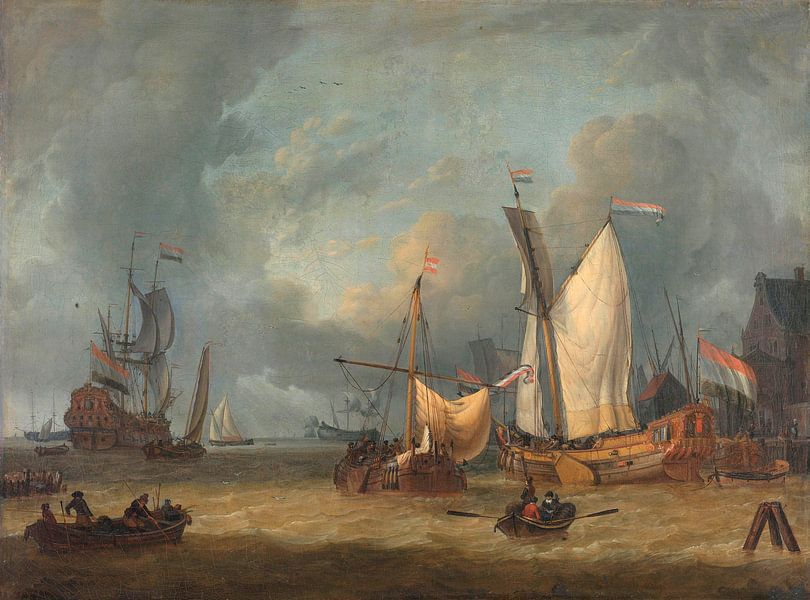 Schepen in de haven in een stijve bries, Jan Claesz. Rietschoof van Meesterlijcke Meesters